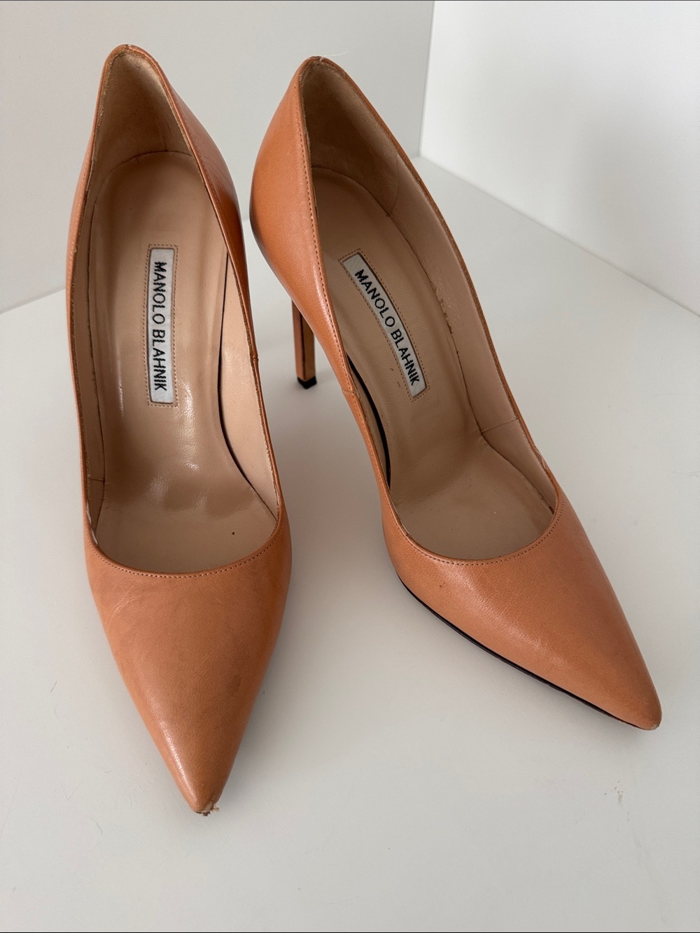 Manolo Blahnik Cognac Leather Pointed-Toe Pumps
